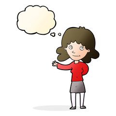 cartoon friendly woman with thought bubble
