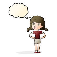 cartoon pretty girl with hands on hips with thought bubble