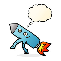 cartoon happy rocket with thought bubble