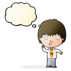 cartoon school boy answering question with thought bubble