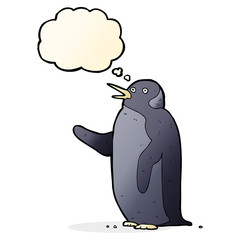 cartoon penguin waving with thought bubble