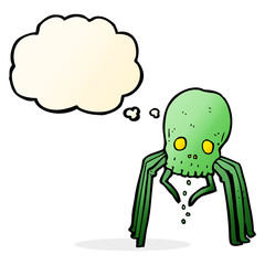 cartoon spooky skull spider with thought bubble