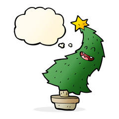 cartoon dancing christmas tree with thought bubble