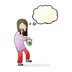 cartoon hippie man with bag of weed with thought bubble