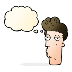 cartoon bored man's face with thought bubble