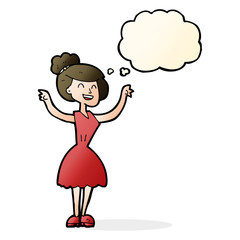cartoon woman with raised arms with thought bubble