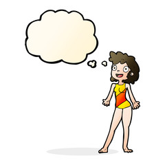 cartoon woman in swimming costume with thought bubble