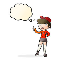 cartoon skater girl giving thumbs up symbol with thought bubble