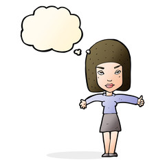 cartoon woman giving thumbs up symbol with thought bubble
