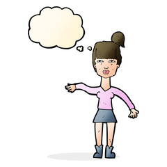 cartoon woman making dismissive gesture with thought bubble