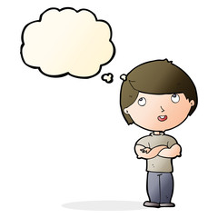 cartoon happy man with folded arm with thought bubble