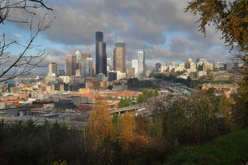 Seattle Downtown and Freeways, United States. Downtown Seattle skyline with freeways in the foreground and Elliott Bay in the background. Washington State, USA.
