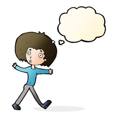 cartoon surprised man walking with thought bubble