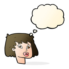 cartoon pretty female face with thought bubble