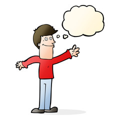 cartoon happy man waving with thought bubble