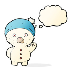 cartoon waving polar teddy bear in winter hat with thought bubbl