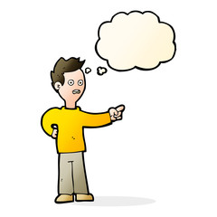 cartoon shocked boy pointing with thought bubble