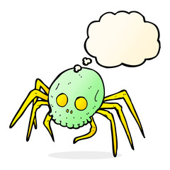 cartoon spooky halloween skull spider with thought bubble