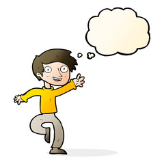 cartoon excited boy dancing with thought bubble