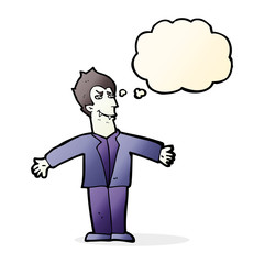 cartoon vampire man with open arms with thought bubble