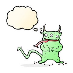 cartoon little demon with thought bubble