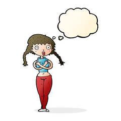 cartoon offended woman covering herself with thought bubble