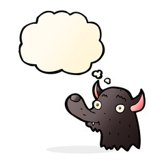 cartoon happy wolf with thought bubble