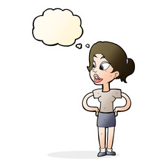 cartoon woman with hands on hips with thought bubble