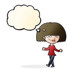 cartoon smug looking woman with thought bubble