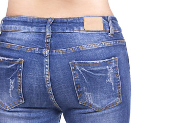 woman is wearing blue jeans, on white background