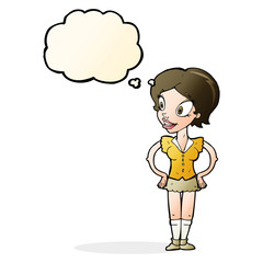 cartoon happy woman in short skirt with thought bubble