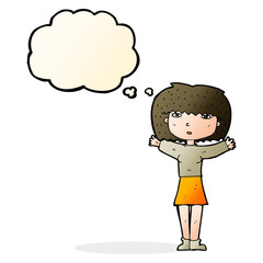 cartoon woman raising arms in air with thought bubble