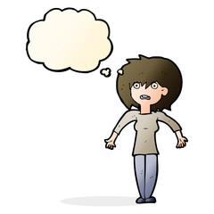 cartoon woman shrugging shoulders with thought bubble