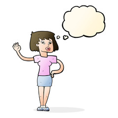 cartoon woman waving with thought bubble
