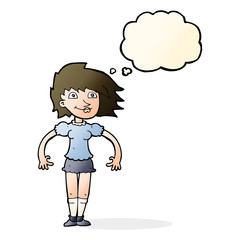 cartoon happy woman with thought bubble