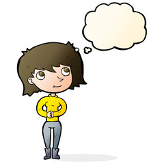 cartoon friendly woman with thought bubble