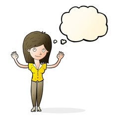 cartoon woman holding up hands with thought bubble