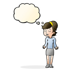 cartoon woman shrugging shoulders with thought bubble