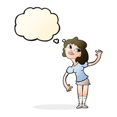 cartoon woman waving with thought bubble