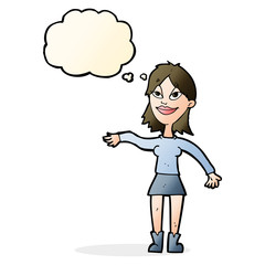 cartoon woman making hand gesture with thought bubble