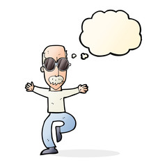 cartoon old man wearing big glasses with thought bubble
