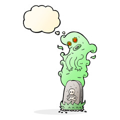 cartoon ghost rising from grave with thought bubble