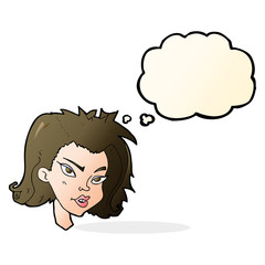 cartoon female face with thought bubble