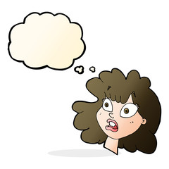 cartoon shocked female face with thought bubble