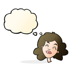cartoon happy female face with thought bubble