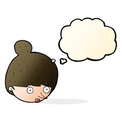 cartoon surprised woman's face with thought bubble