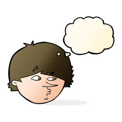 cartoon suspicious man with thought bubble