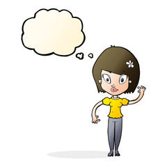 cartoon pretty woman waving with thought bubble