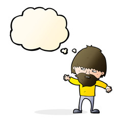 cartoon happy bearded man waving with thought bubble