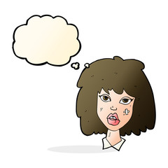 cartoon woman with bruised face with thought bubble